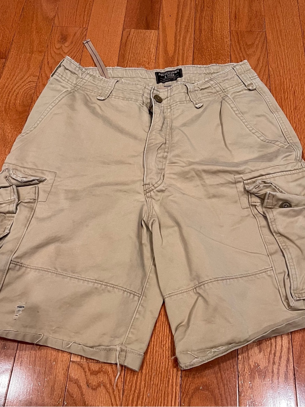 Vintage Mens Abercrombie & Fitch ANF Beige Khakis Tan Drawstring Cargo Shorts 32